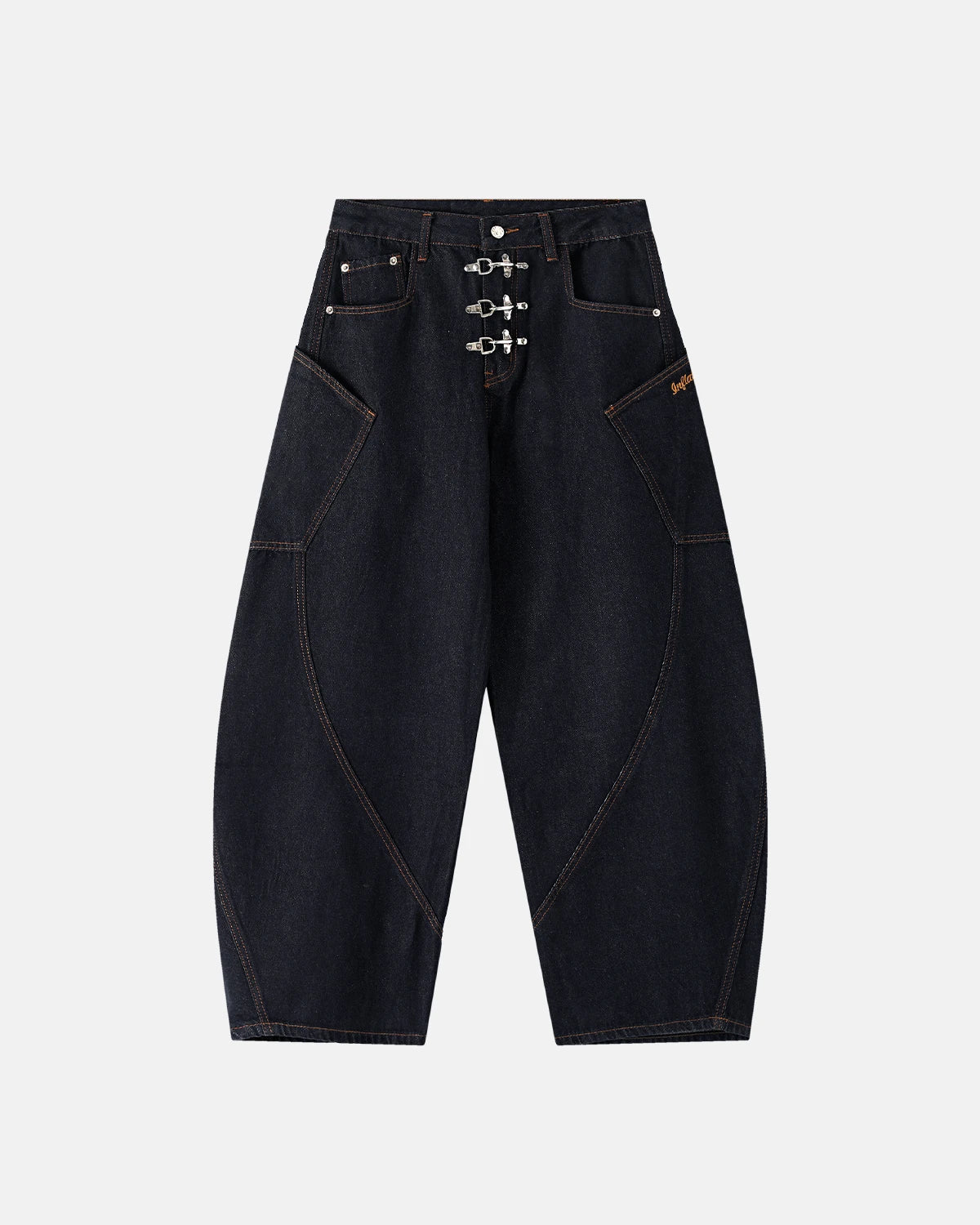 Raw barrel jeans with metal clasp detail from Inflation Streetwear, showcasing the fit and distressed denim style.