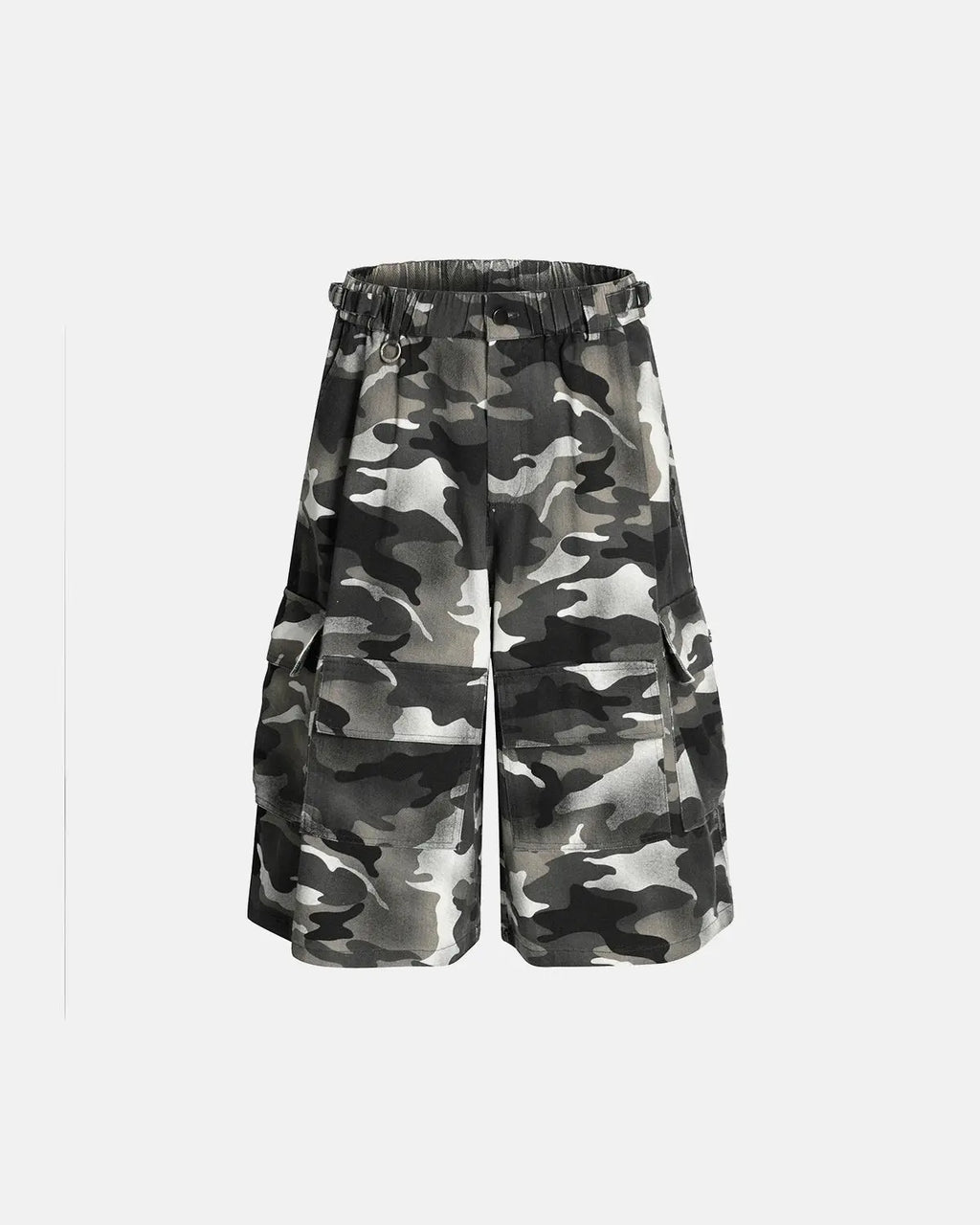 Gray camo utility longline shorts by INFLATION, featuring multiple pockets and a relaxed fit, perfect for streetwear style.