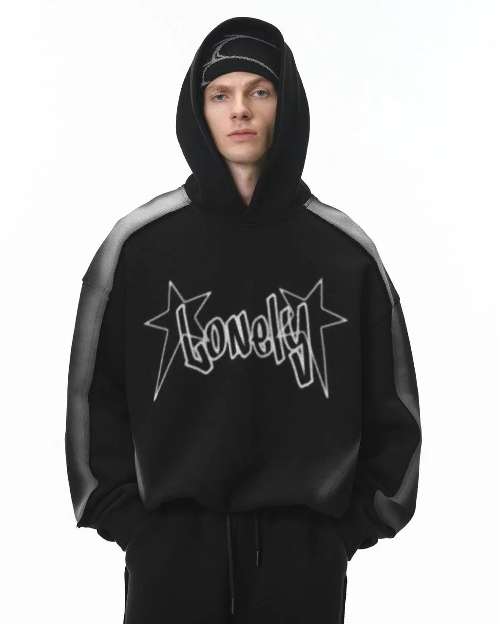 Flation Stitching Spray-Painted Hoodie featuring vibrant, artistic design with stitched details and bold streetwear style.
