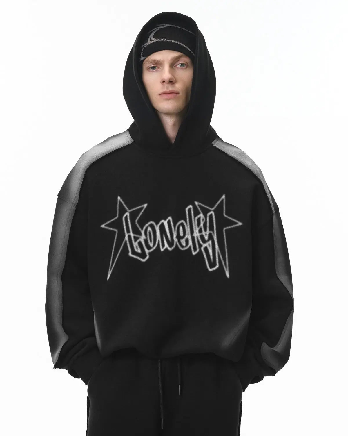 Flation Stitching Spray-Painted Hoodie featuring vibrant, artistic design with stitched details and bold streetwear style.