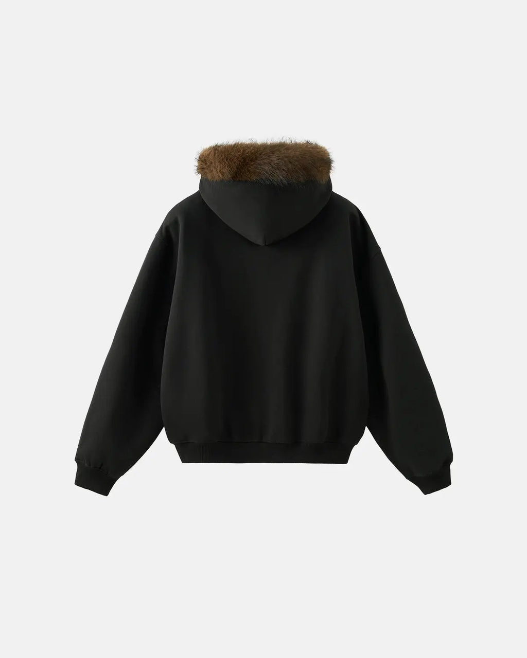 INFLATION faux fur collar zip-up hoodie jacket featuring a cozy faux fur trim and a casual streetwear style, front view.
