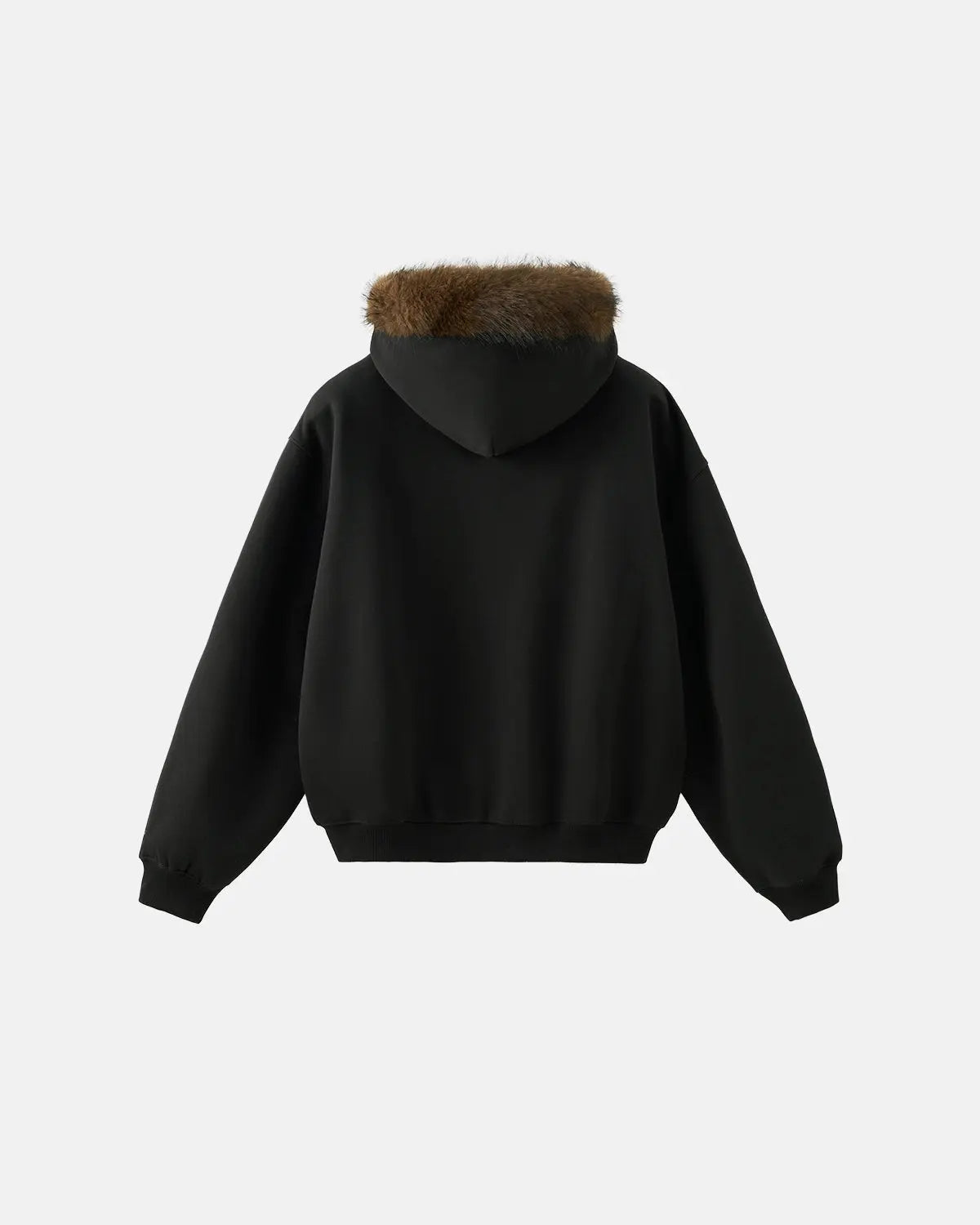 INFLATION faux fur collar zip-up hoodie jacket featuring a cozy faux fur trim and a casual streetwear style, front view.