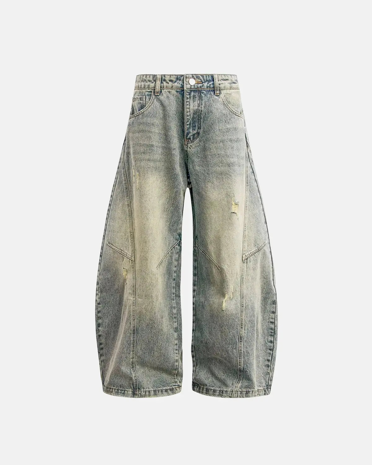 Distressed ripped baggy jeans by Flation Streetwear, featuring a relaxed fit and frayed details on casual denim pants.