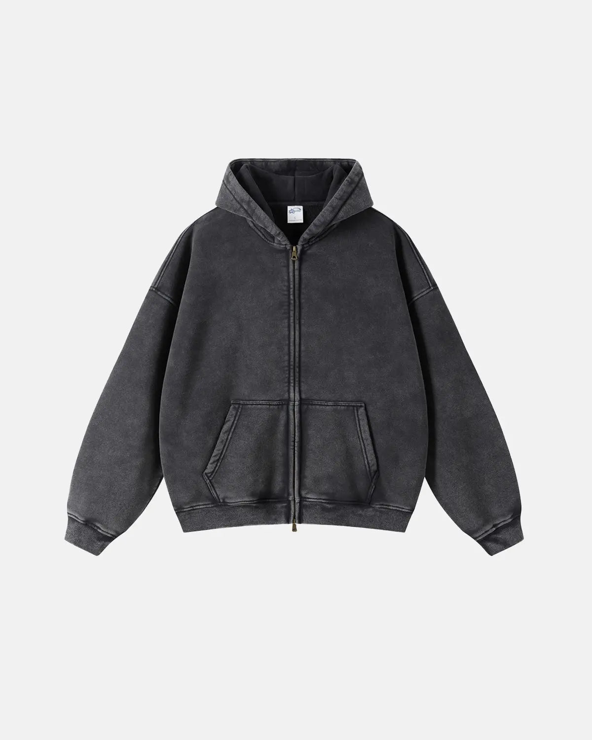 Acid washed distressed fleece zip-up hoodie by INFLATION Streetwear, featuring a casual, worn-in look with front zipper and hood.