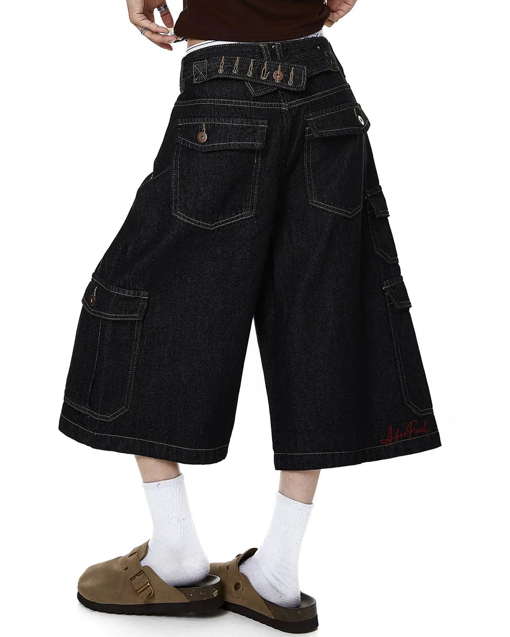 Raw denim longline cargo jorts by Inflation Streetwear featuring distressed details and multiple cargo pockets.
