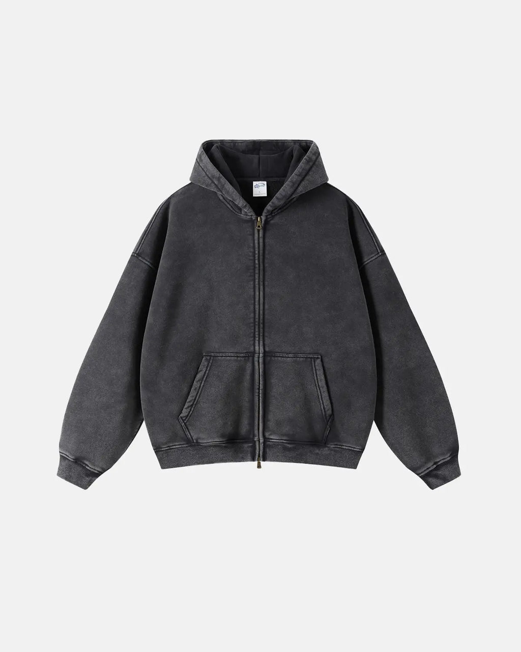 Acid washed distressed fleece zip-up hoodie by Flation Streetwear, featuring a relaxed fit and worn-in look.