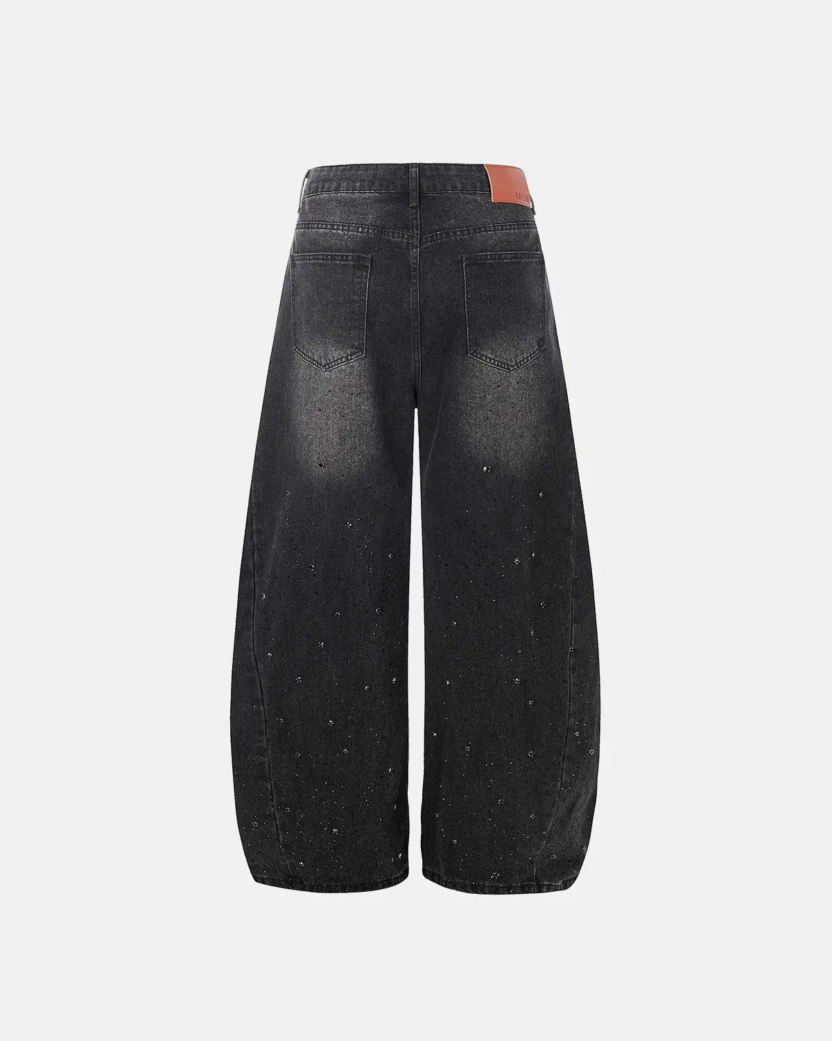 Vintage Washed Rhinestone Barrel Jeans by INFLATION, showing distressed denim with rhinestone accents and a relaxed fit.
