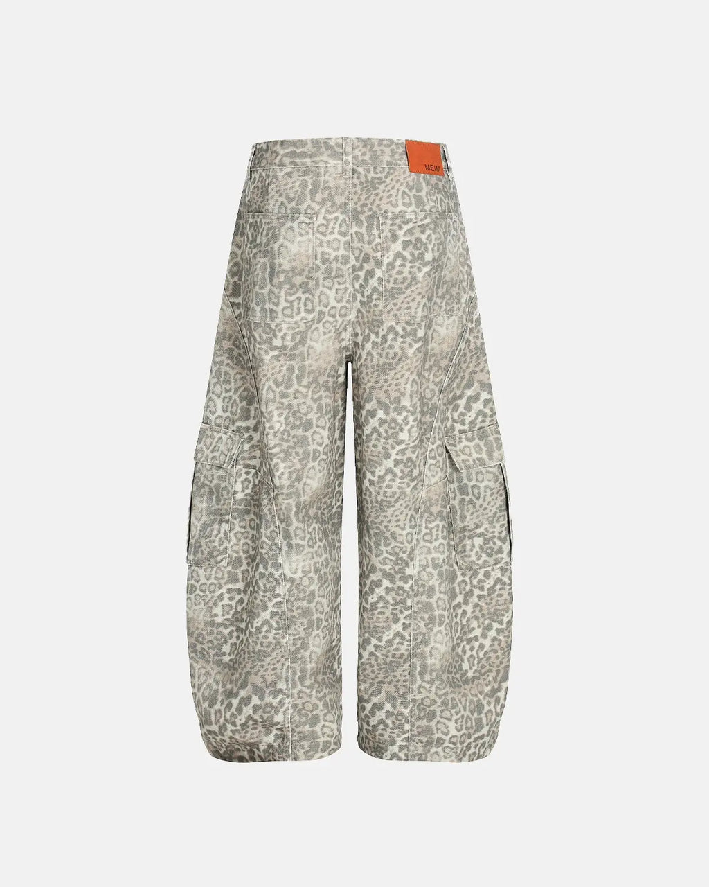 Leopard pattern cargo barrel pants by INFLATION streetwear featuring a relaxed fit, multiple pockets, and bold animal print design.