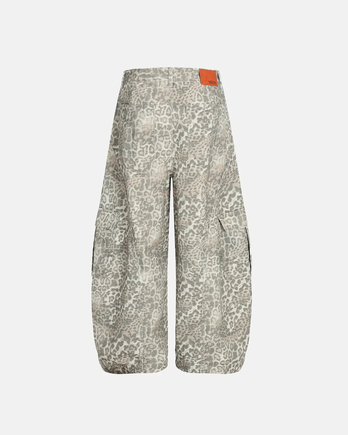 Leopard pattern cargo barrel pants by INFLATION streetwear featuring a relaxed fit, multiple pockets, and bold animal print design.