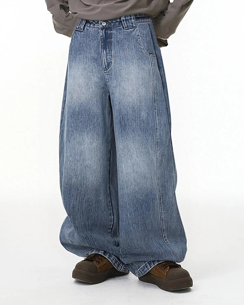 Bamboo weave barrel jeans by Flation Streetwear displayed on a hanger, showcasing the textured fabric and relaxed fit.