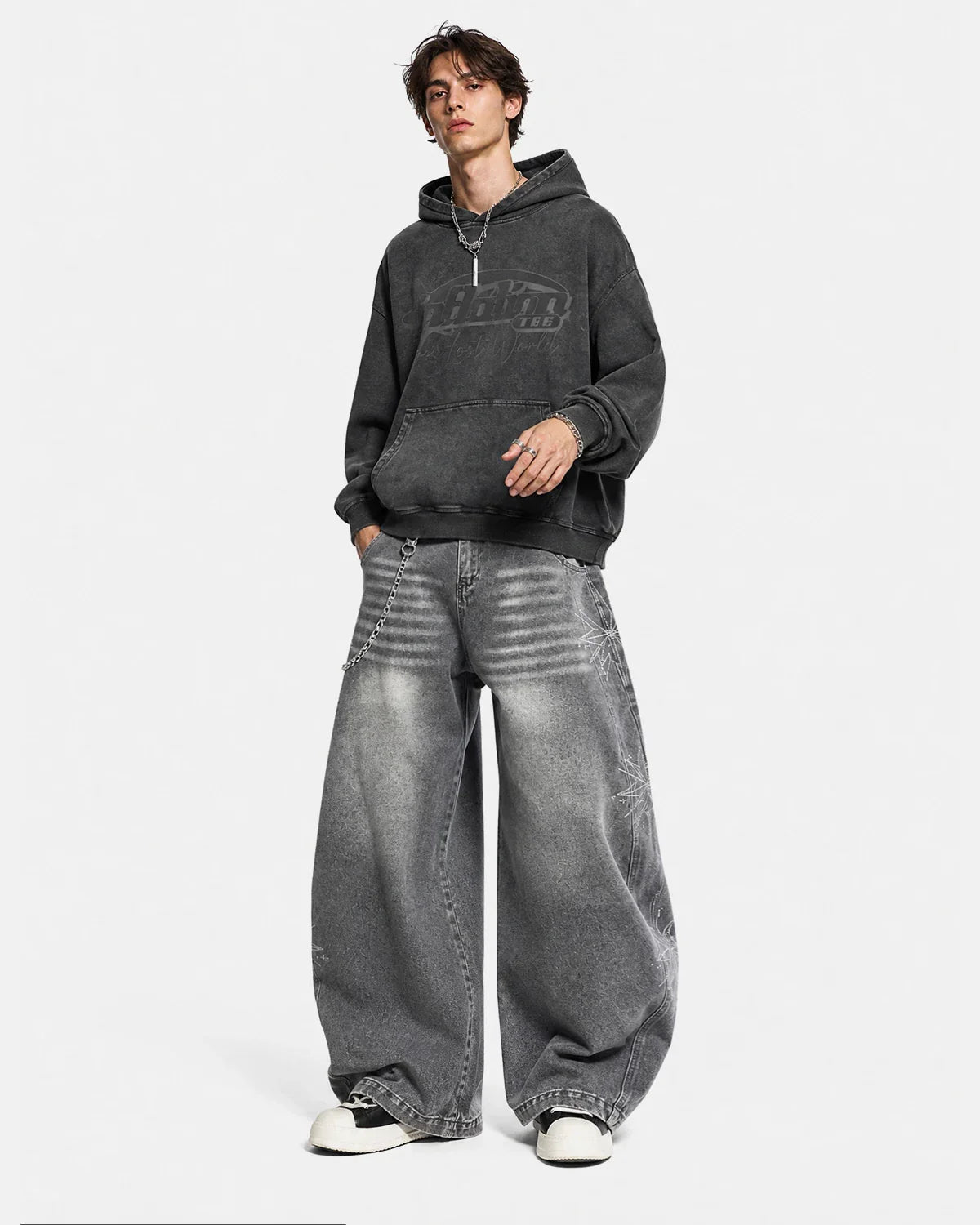 Flation streetwear barrel baggy jeans with star graphic rhinestones, featuring a relaxed fit and stylish design.