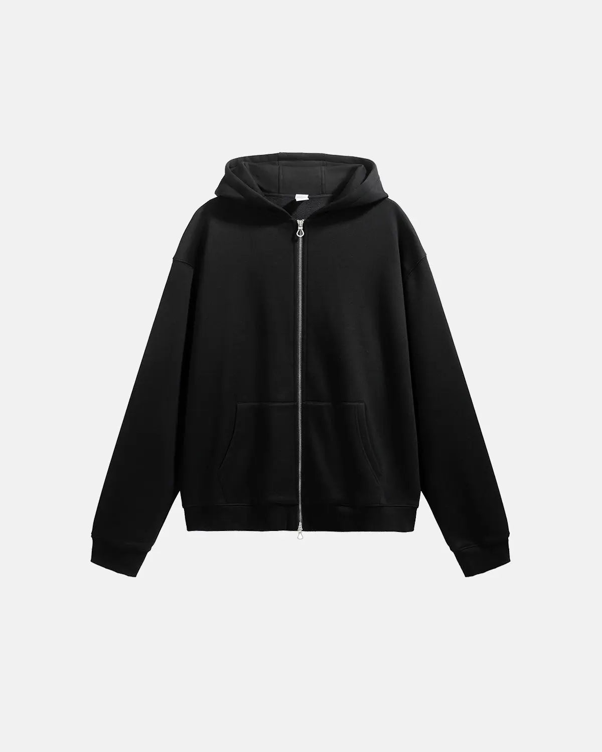 Inflation streetwear fleece zip-up oversized hoodie, soft fabric with front zipper and hood, casual streetwear style.