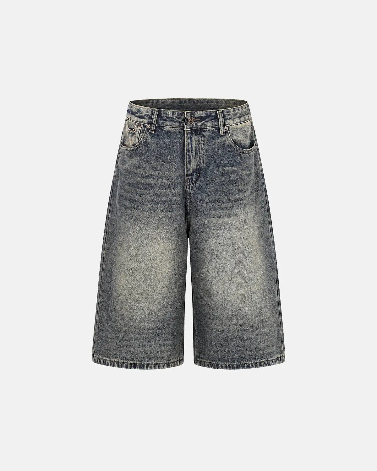 Inflation brand acid washed cinch back buckle jorts, denim pants with distressed details and adjustable waist for a relaxed fit.