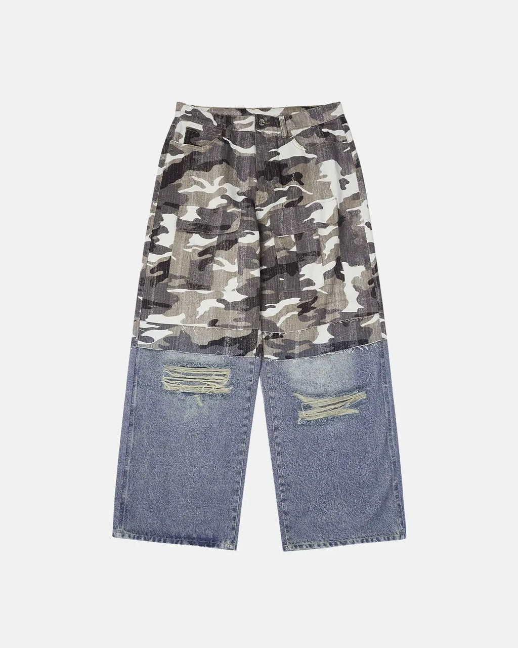 Inflation streetwear patchwork effect print baggy jeans with colorful patch designs and relaxed fit, casual streetwear style.