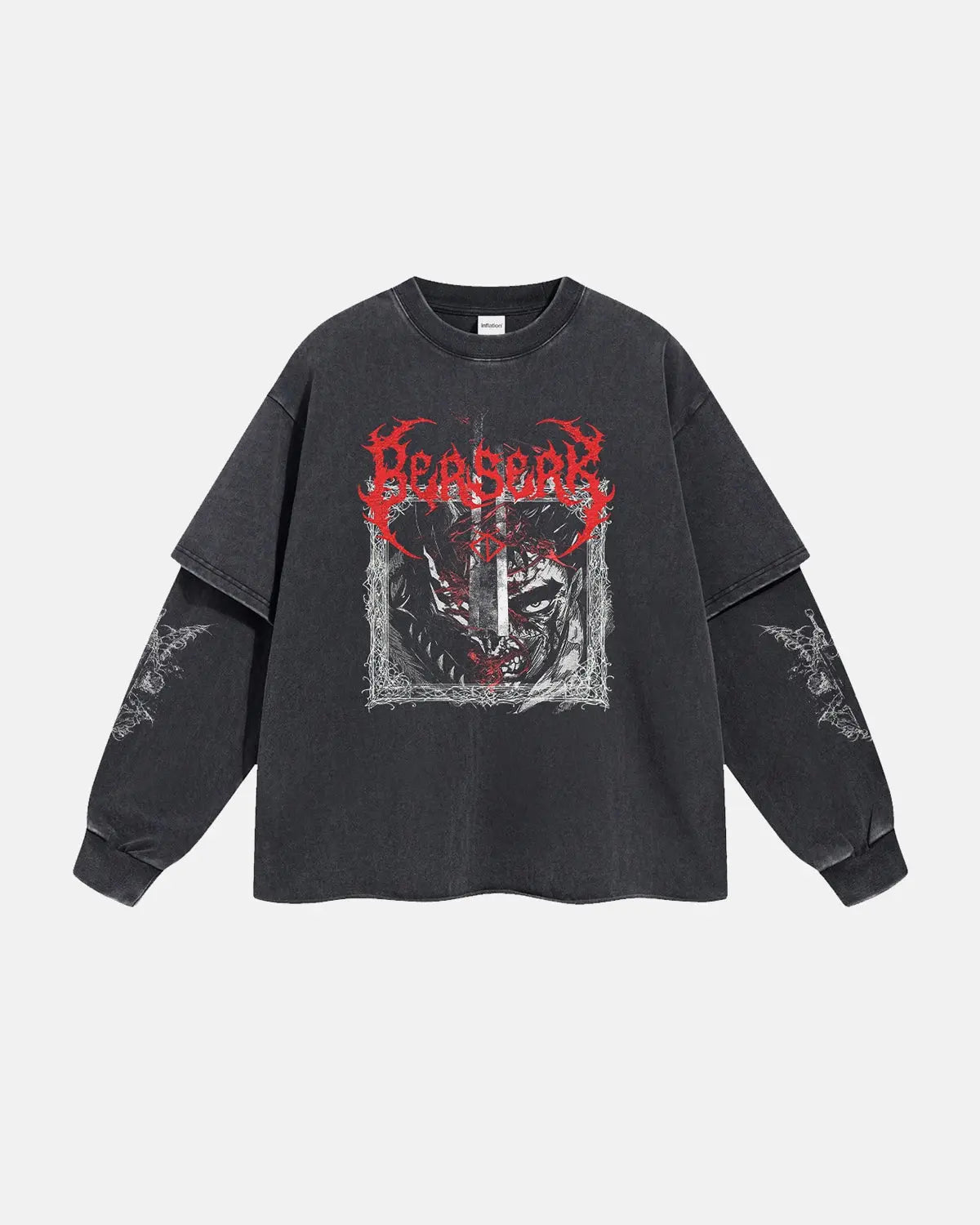 Graphic distressed acid wash layered T-shirt by Flation streetwear, featuring a worn-in, layered design with bold graphic details.