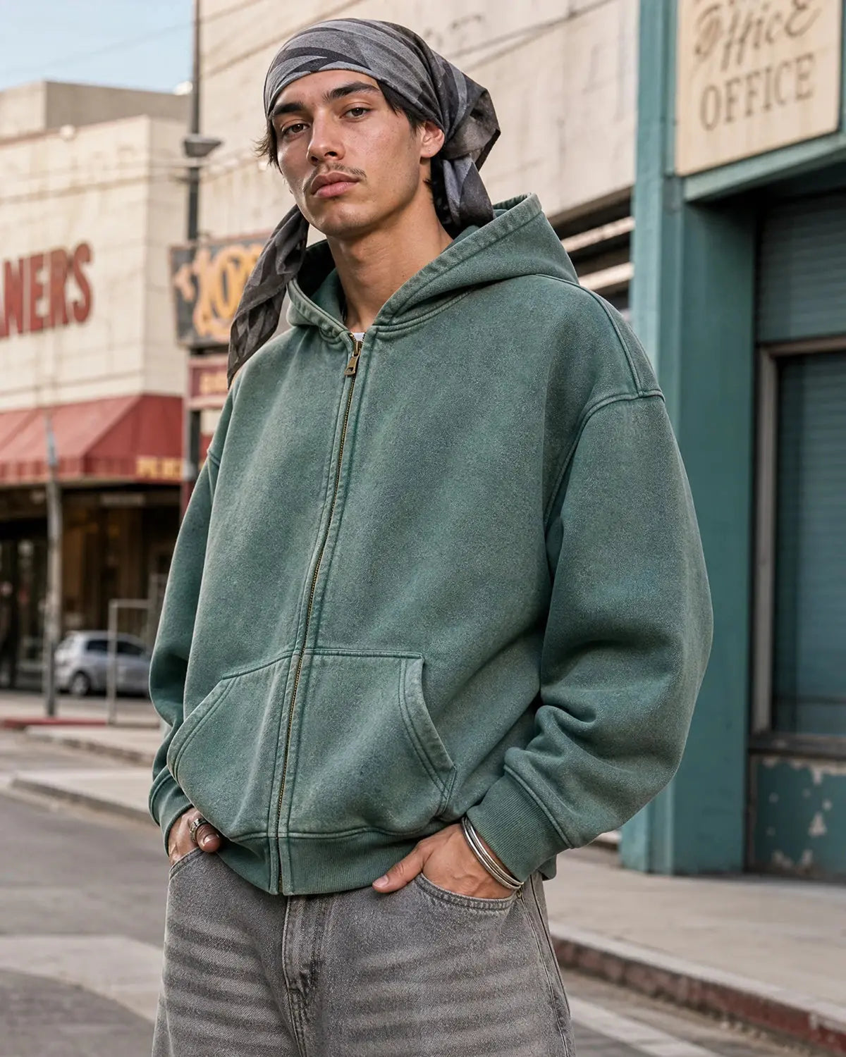 Flation washed distressed fleece zip-up hoodie with a casual fit and worn-in look, featuring a front zipper and hoodie.