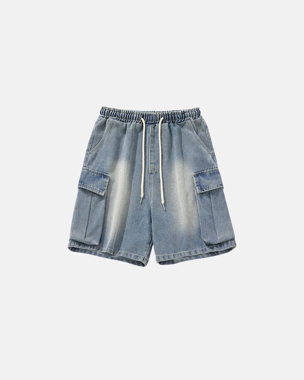 Washed denim cargo shorts with drawstring waist by INFLATION, featuring multiple pockets and casual streetwear style.