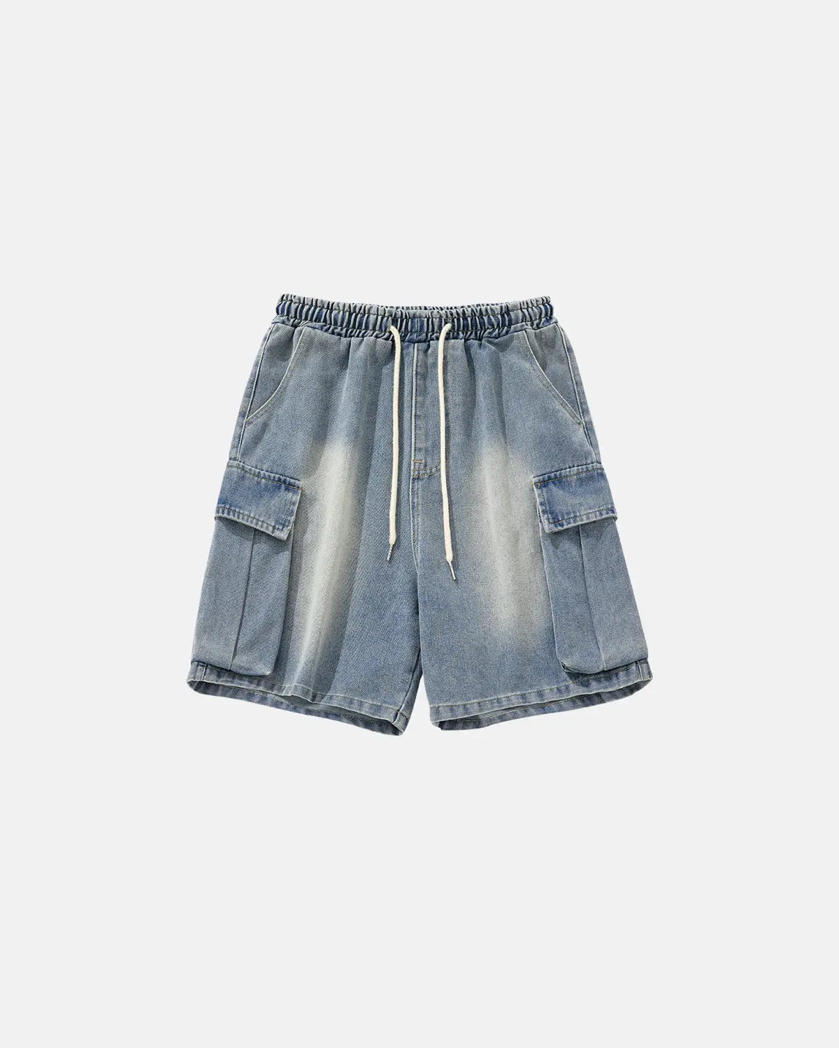 Washed denim cargo shorts with drawstring waist by INFLATION, featuring multiple pockets and casual streetwear style.