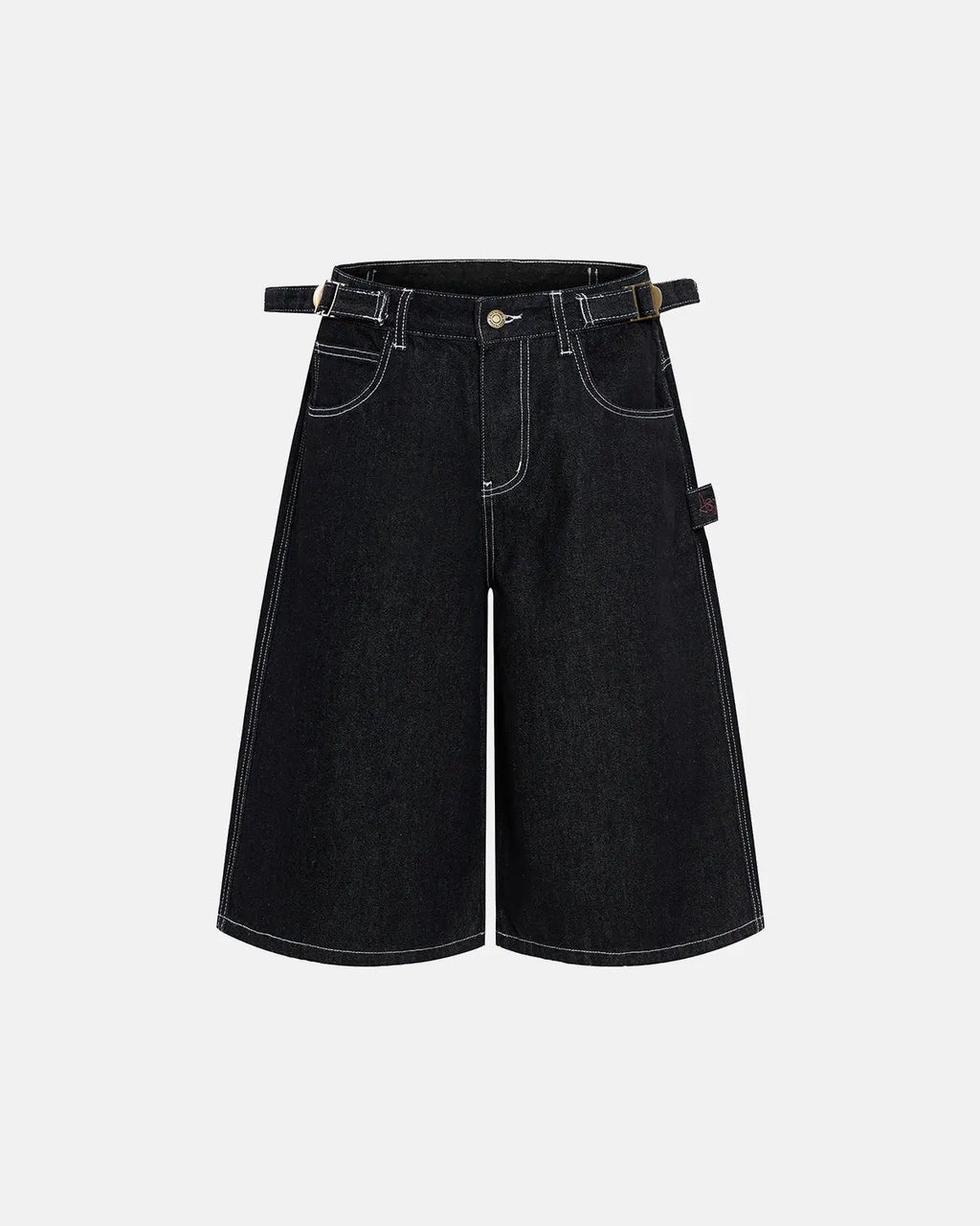 Raw denim baggy jorts by INFLATION featuring adjustable tabs and a relaxed fit, displayed on a mannequin.