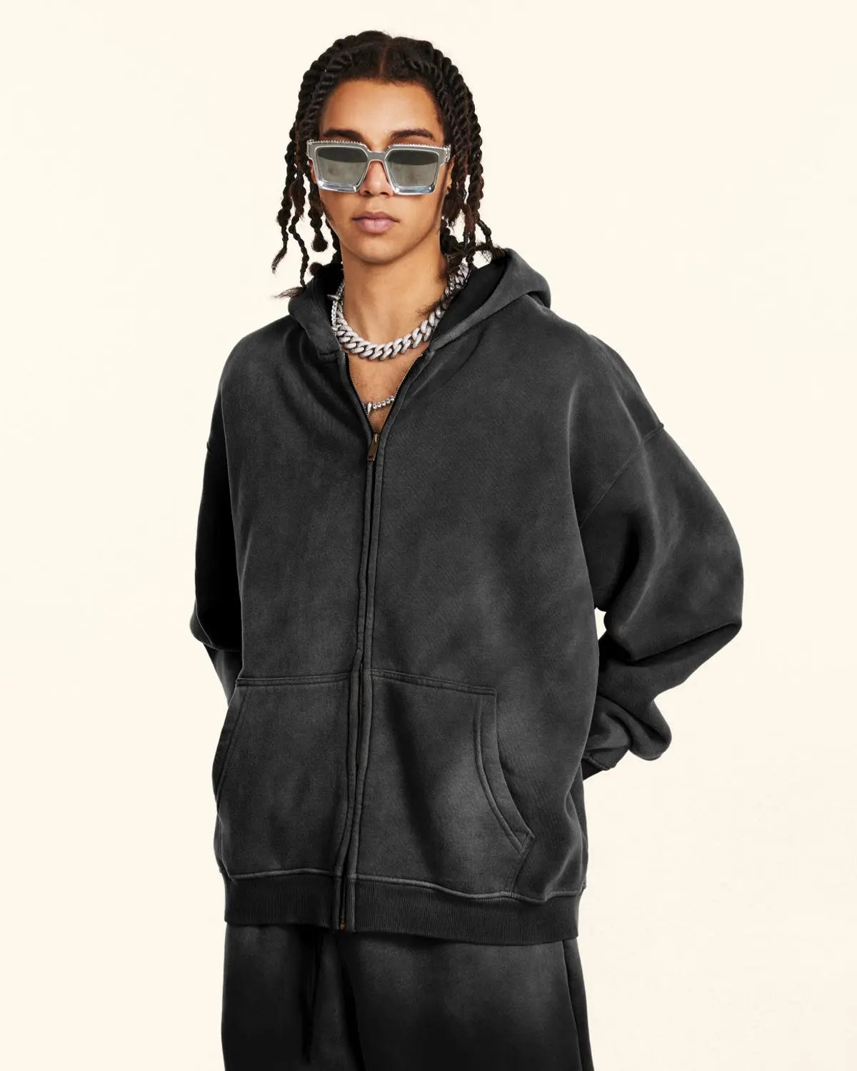 Flation streetwear acid washed zip-up hoodie with a relaxed fit and casual style, featuring a front zipper and hood.
