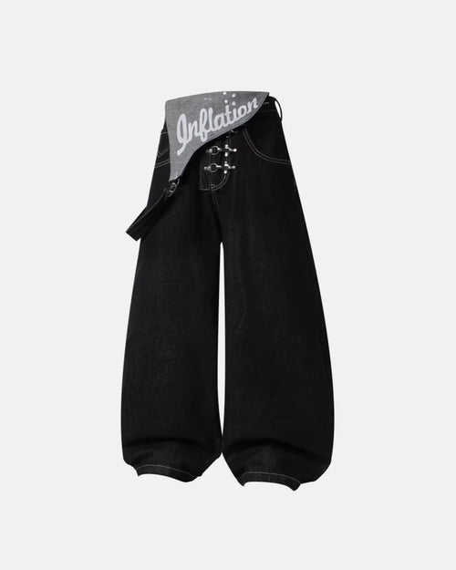 Asymmetric buckle denim overalls jeans by Flation featuring stylish streetwear design and adjustable straps.