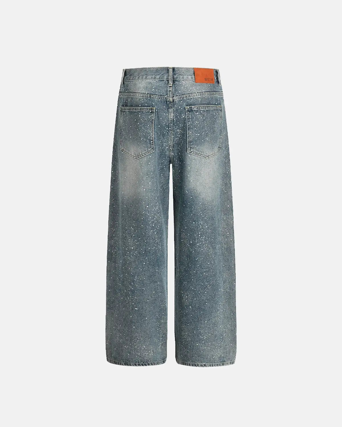 Inflation Rhinestone Straight Leg Denim Jeans featuring sparkling rhinestones and classic blue denim fabric for stylish streetwear.
