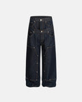 Baggy raw denim jeans from Flation featuring a double waist design, streetwear style, with a relaxed fit and distressed details.