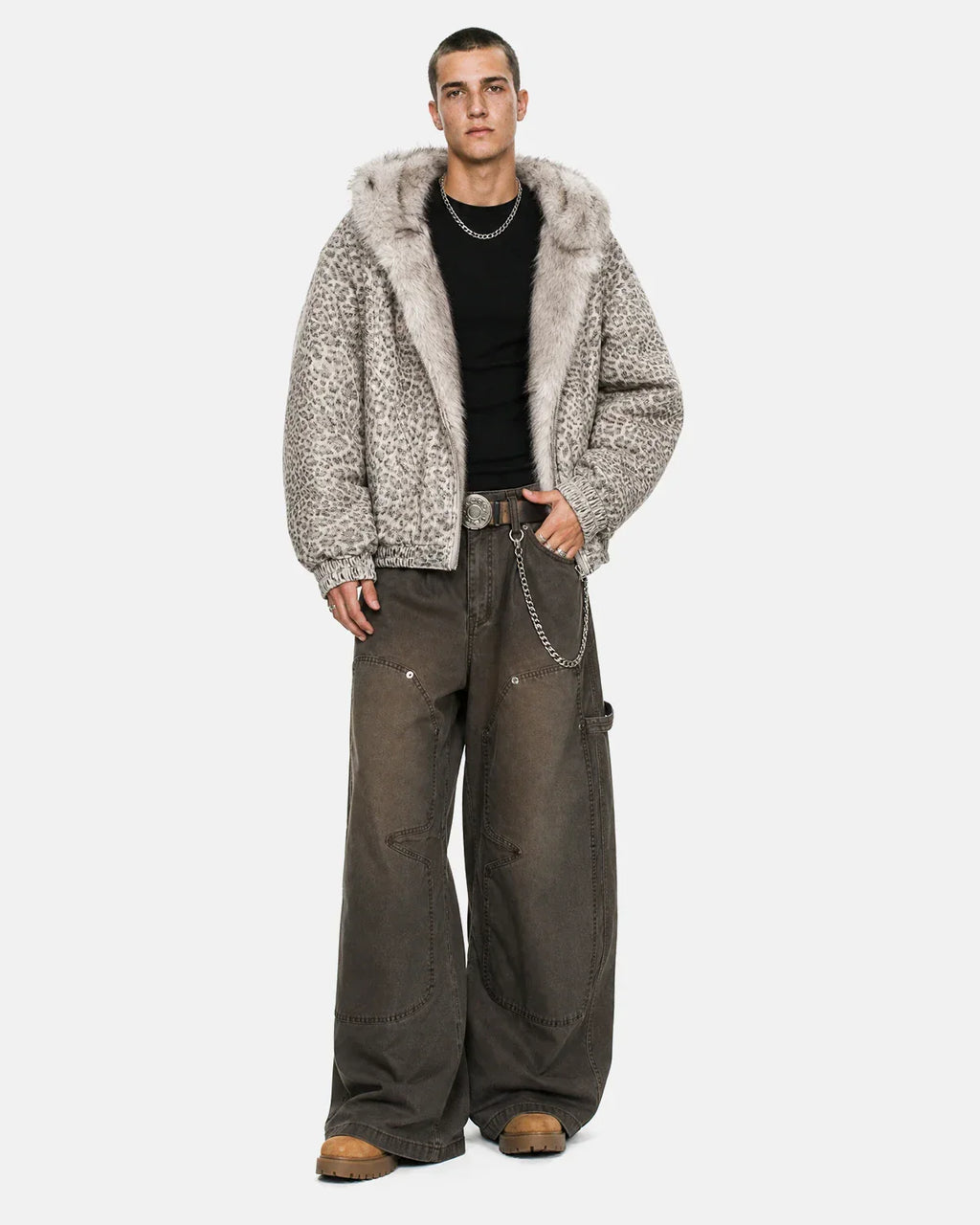 Inflation Leopard Faux Fur Lined Bomber Jacket showing beige leopard print exterior and plush faux fur interior.