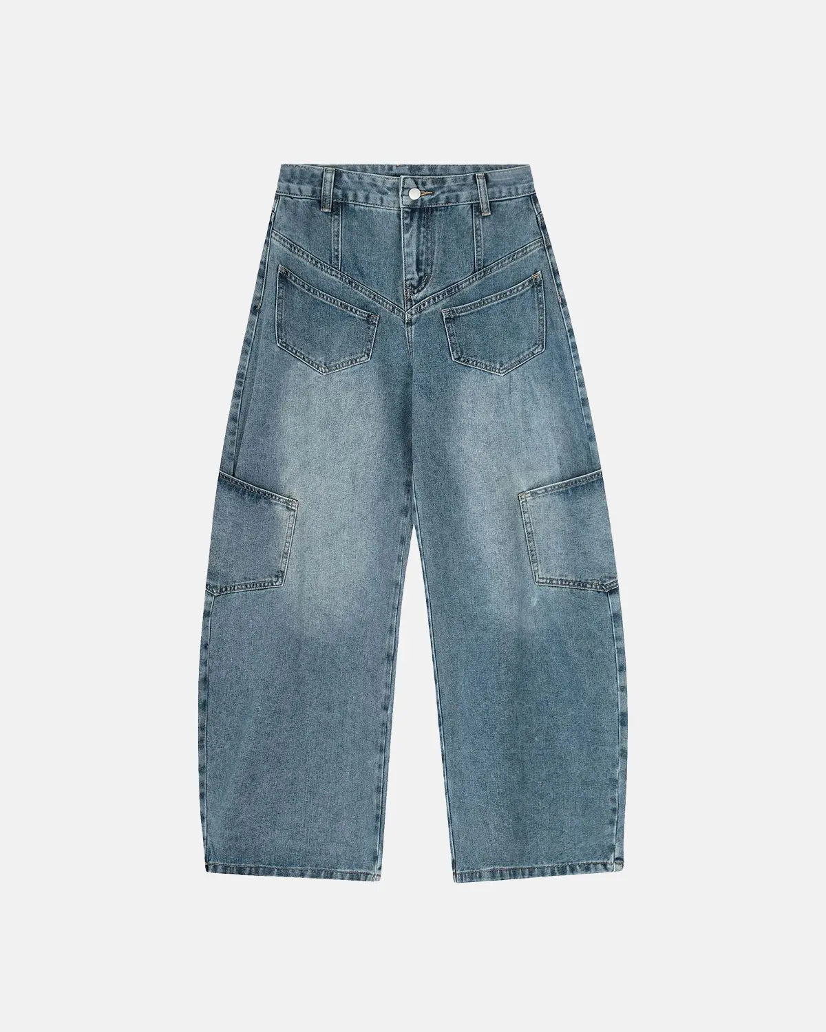 Flation Streetwear multi pockets baggy barrel jeans with relaxed fit and multiple utility pockets, denim fabric, and faded wash.