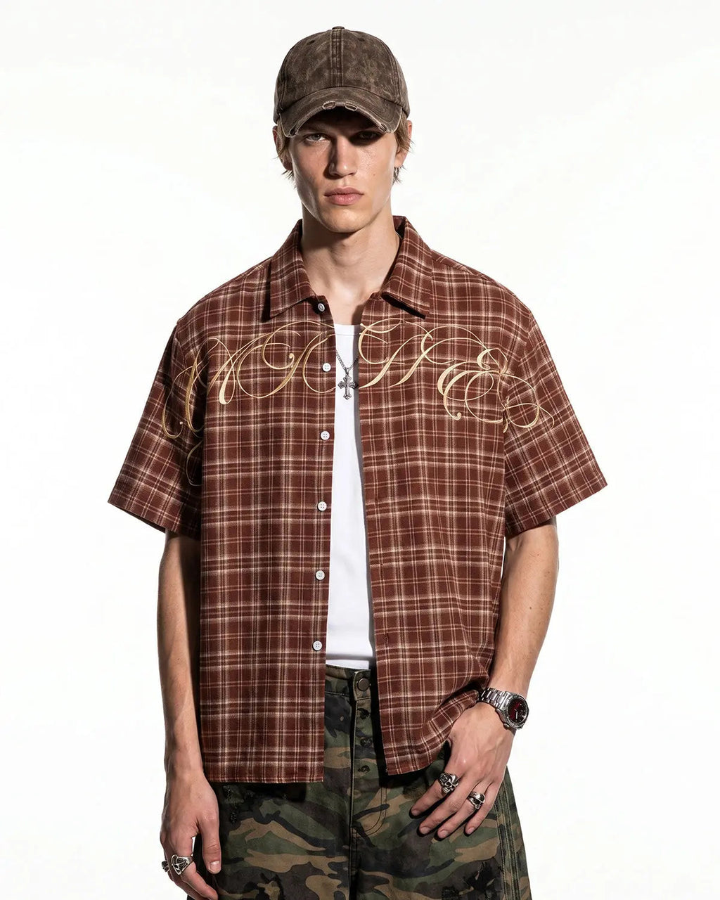 Inflation Streetwear lettering embroidery plaid shirt with bold design, casual long-sleeve shirt for street fashion style.