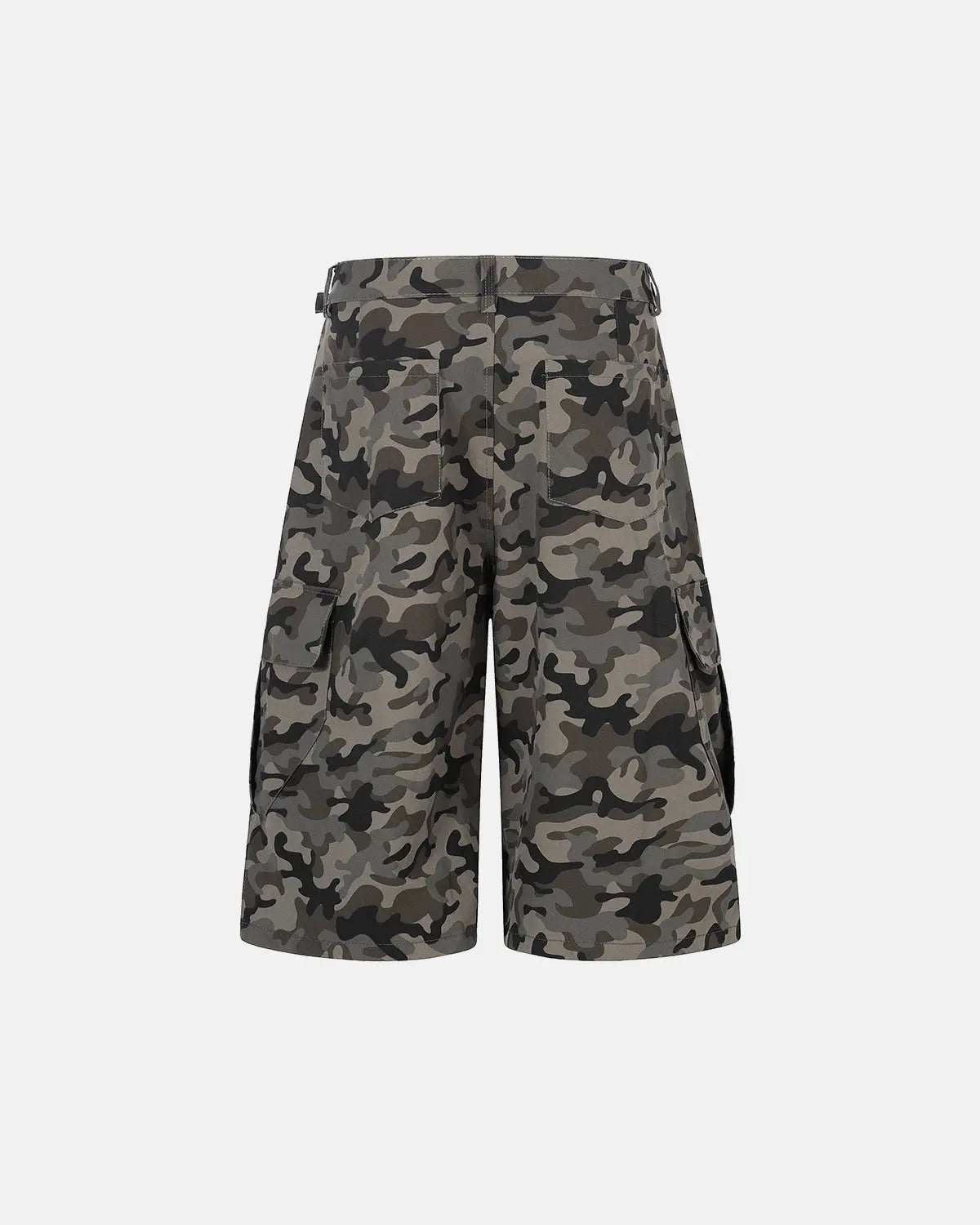 Inflation long camo streetwear shorts, stylish camouflage pants with a relaxed fit, casual streetwear fashion.