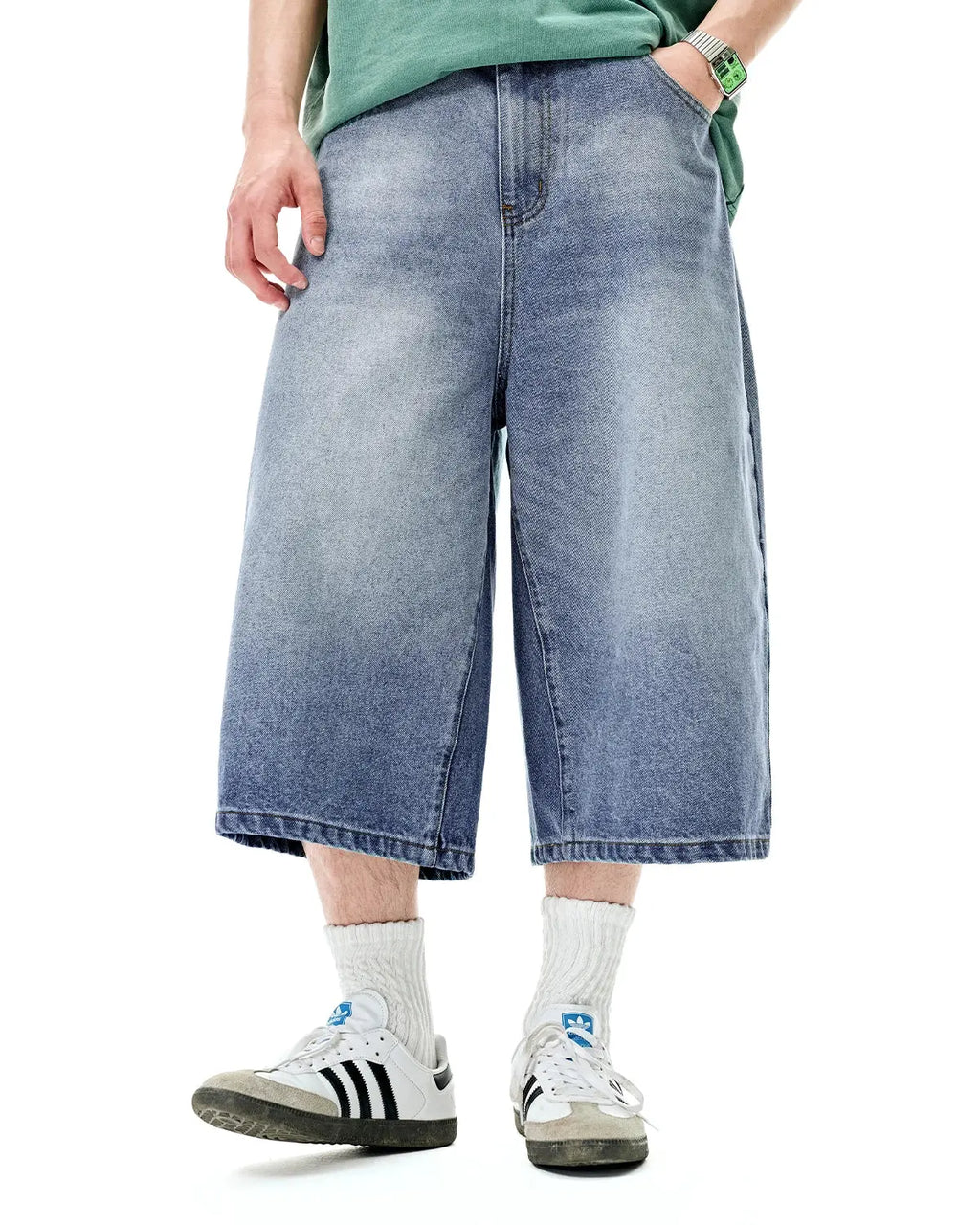 Washed baggy longline jorts by Flation Streetwear, casual pants with a relaxed fit, distressed denim style, and longline design.