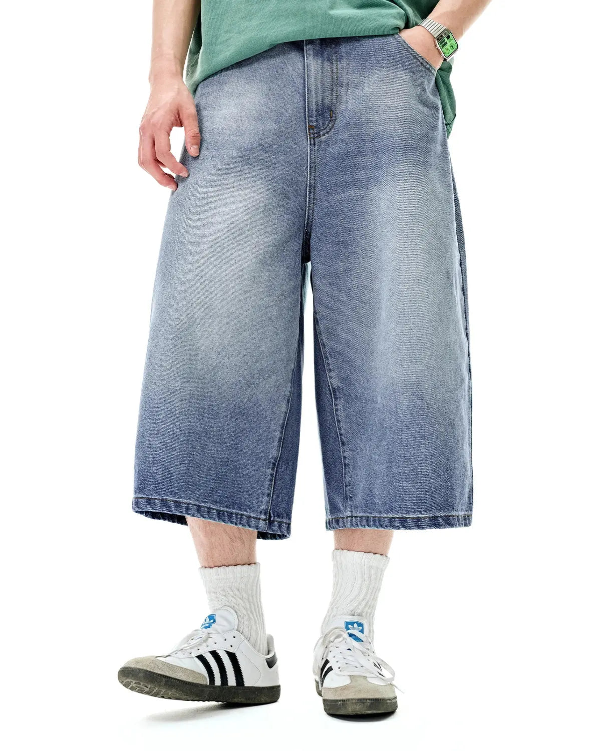 Washed baggy longline jorts by INFLATION, men's streetwear pants with a relaxed fit and distressed denim look.