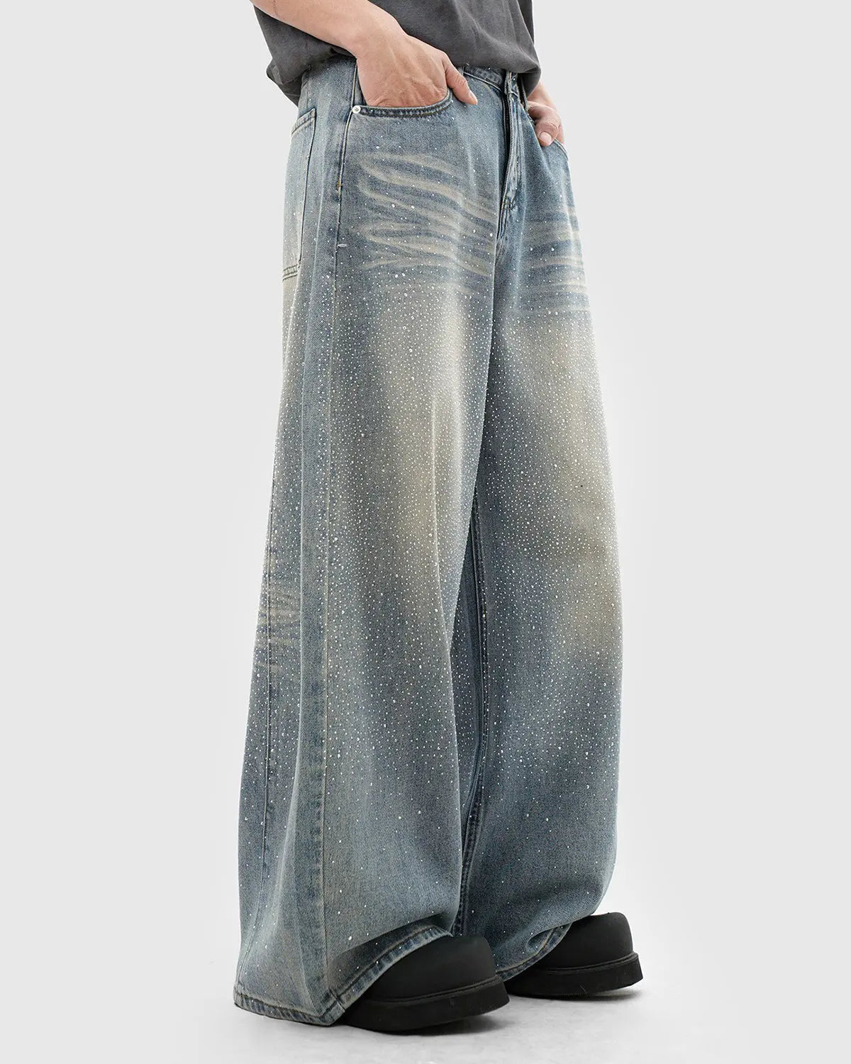 Inflation streetwear rhinestone washed barrel baggy jeans, relaxed fit pants with rhinestone details and distressed wash style.