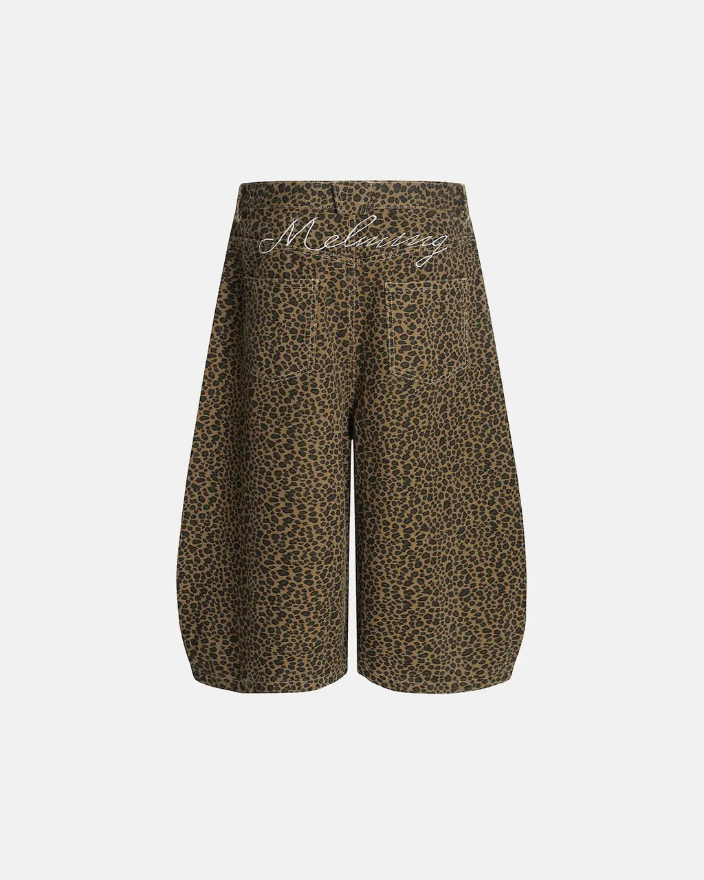 Leopard print barrel longline shorts from INFLATION Streetwear featuring a stylish, relaxed fit and bold animal print design.