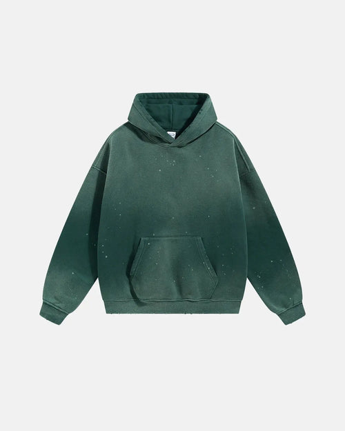 Acid washed ripped fleece hoodie by Flation featuring distressed details and a relaxed streetwear style.