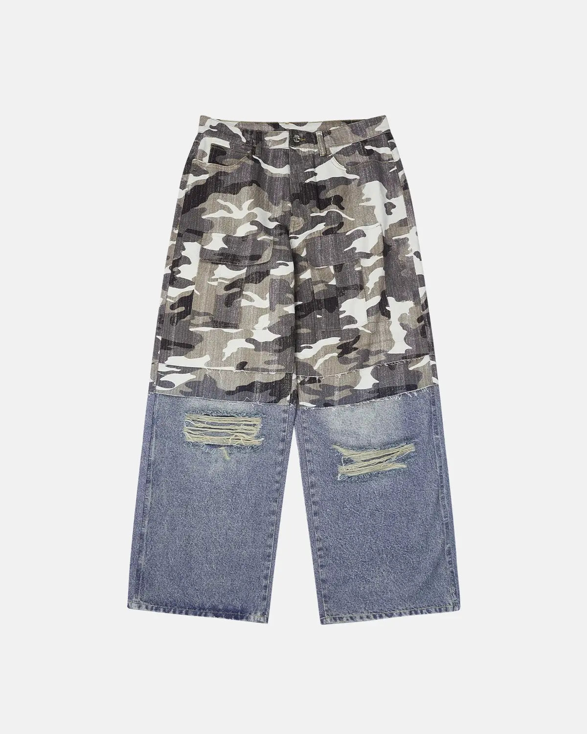 Inflation streetwear patchwork effect print baggy jeans with colorful patchwork design and relaxed fit, displayed on a neutral background.