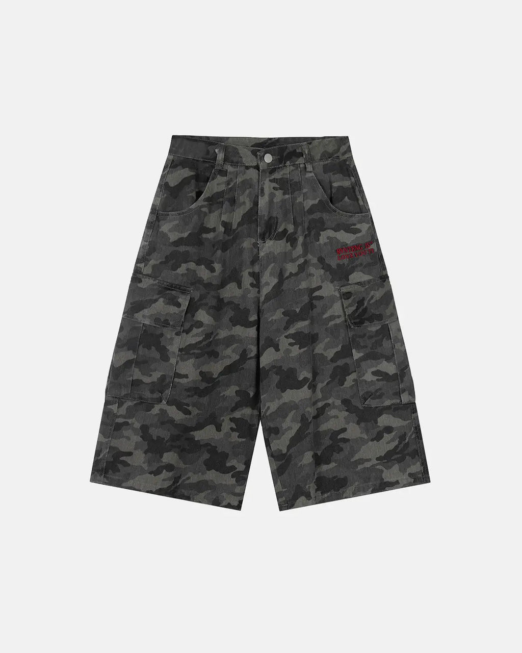 Embroidered camo cargo shorts by INFLATION, featuring multiple pockets, camouflage pattern, and relaxed fit for streetwear style.