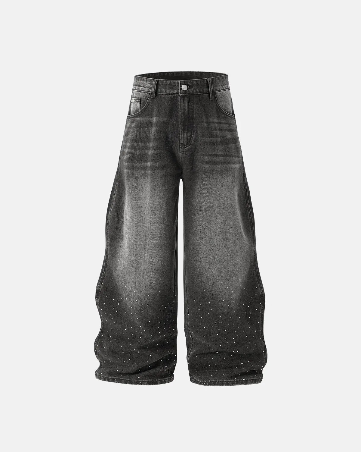 Rhinestone wavy baggy jeans by INFLATION featuring streetwear style and a relaxed fit with rhinestone embellishments.