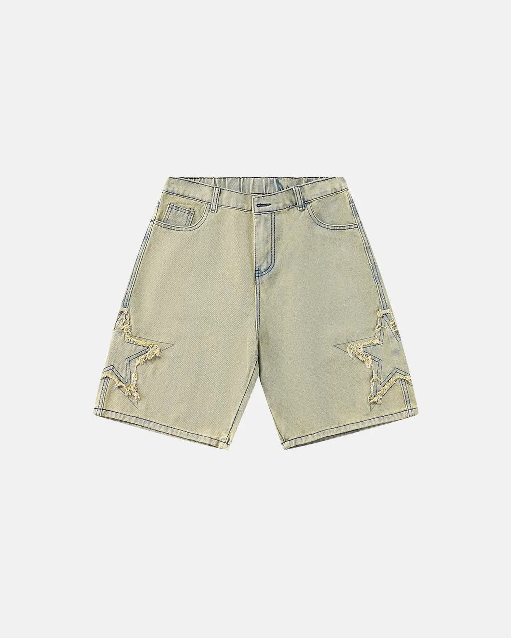 Distressed baggy jorts with star patch details, styled as streetwear by INFLATION, shown on a mannequin.