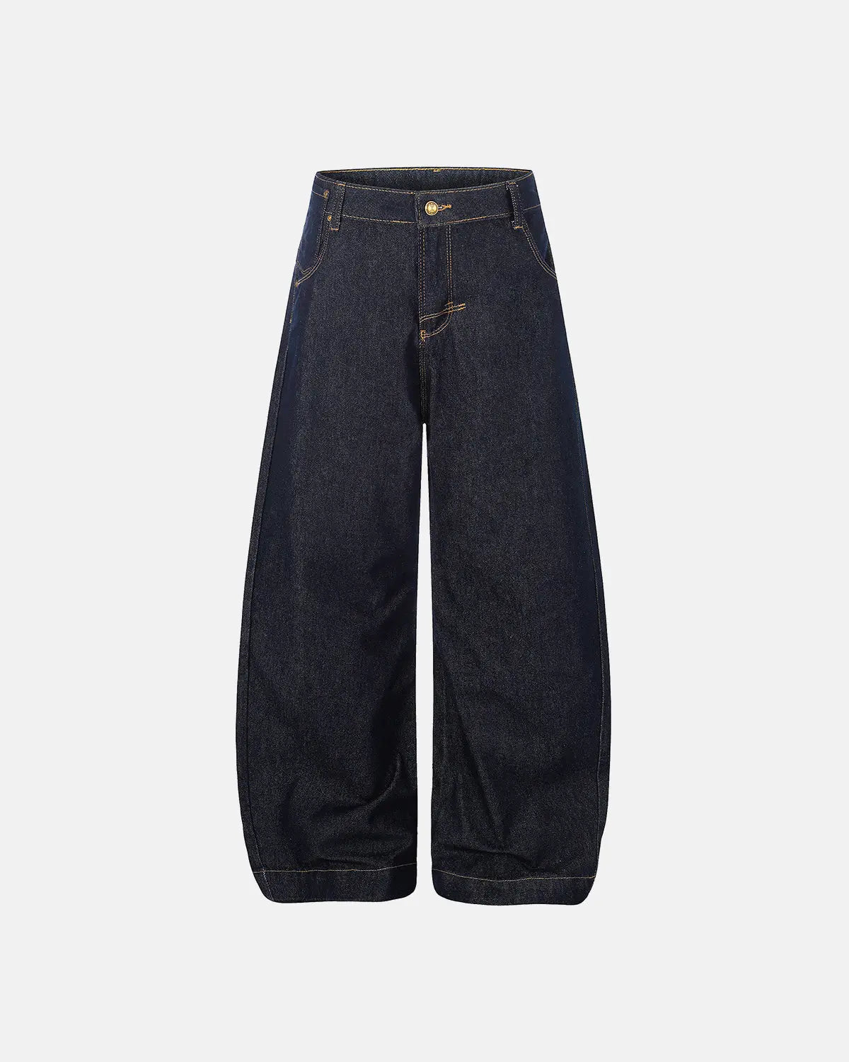 Inflation Raw Wash Barrel Jeans with cinch back, casual streetwear denim pants featuring a relaxed fit and distressed detailing.