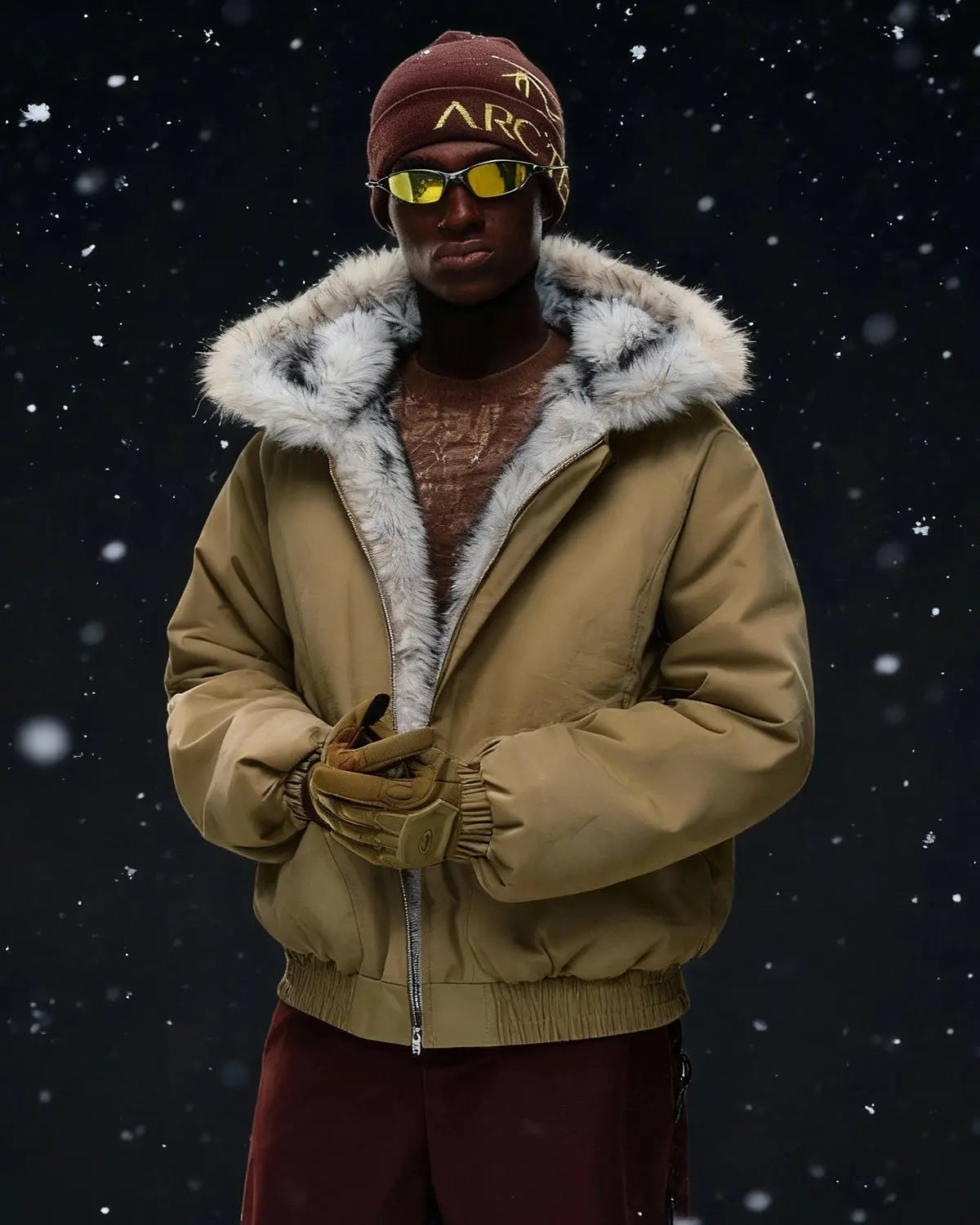 Inflation brand faux fur lined padded bomber jacket with quilted exterior and ribbed cuffs, displayed on a hanger.