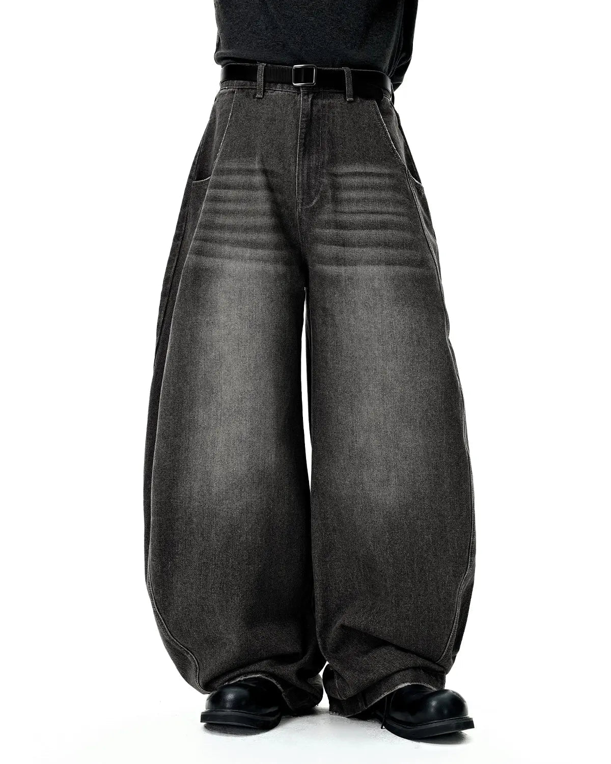 Inflation Washed Barrel Baggy Jeans, relaxed fit denim pants with distressed details and faded wash, casual streetwear style.