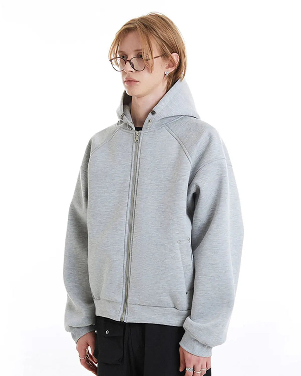 Flation grey boxy zip-up hoodie with front pockets and adjustable hood, casual and comfortable for everyday wear