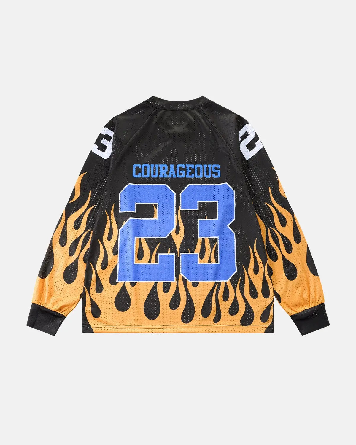 Inflation Streetwear NO.23 and Flame print mesh t-shirt with bold graphic design and breathable fabric, stylish streetwear look.