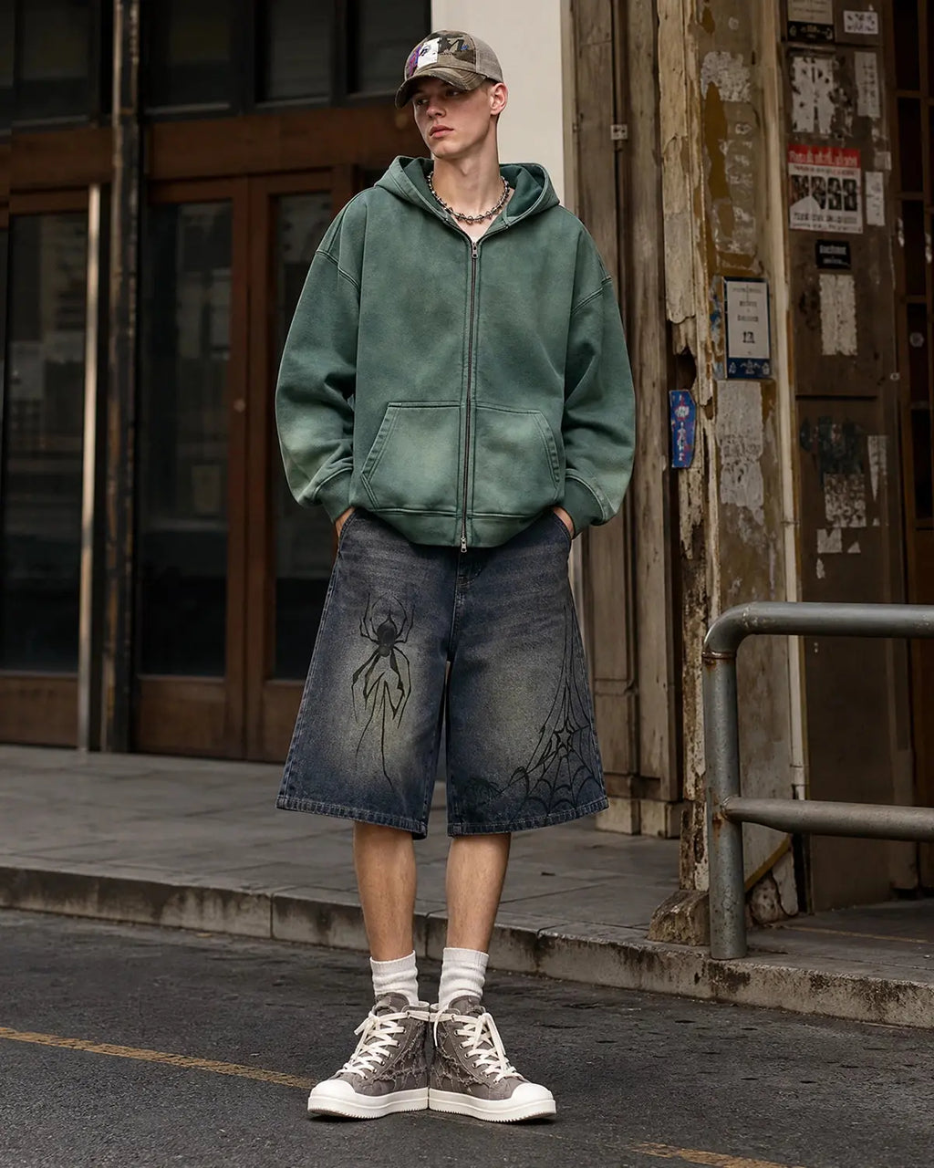 Flation Spider Straight Leg Jorts, stylish denim pants with a relaxed fit, featuring a distressed finish and classic five-pocket design.