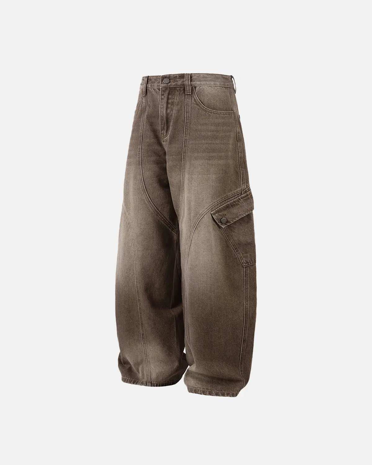 Brown acid wash barrel jeans by Flation Streetwear with a relaxed fit and vintage-inspired design, shown in a close-up image.