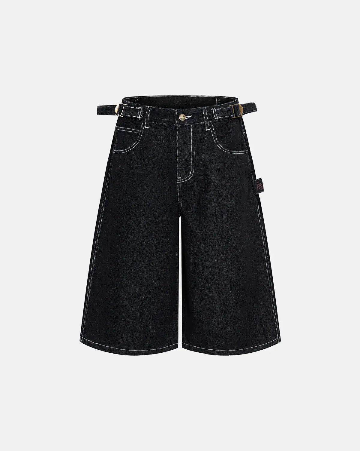 Inflation brand raw denim baggy jorts with adjustable tabs, casual streetwear pants featuring distressed denim and relaxed fit.