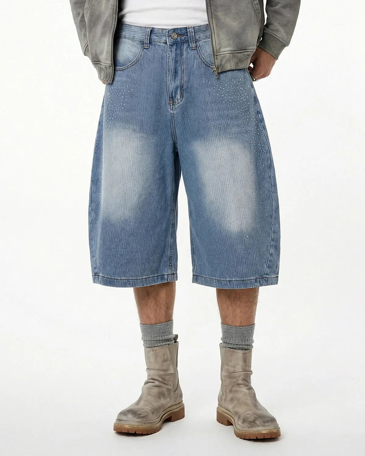 Star rhinestone longline denim shorts by INFLATION, stylish streetwear pants with star embellishments and a longline fit.