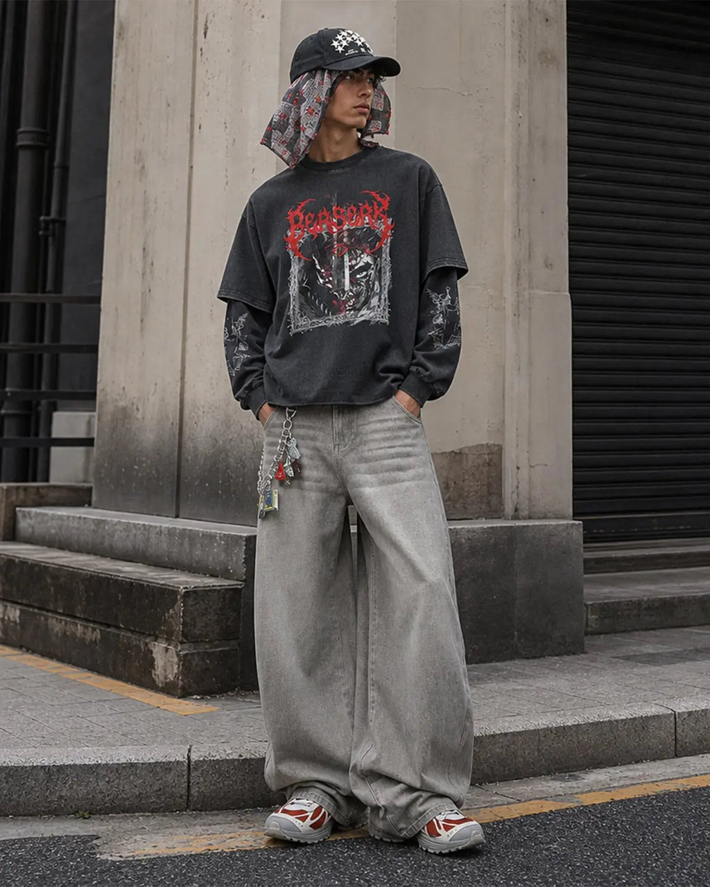 Graphic distressed acid wash layered T-shirt by Flation Streetwear, showing the textured fabric and layered design.
